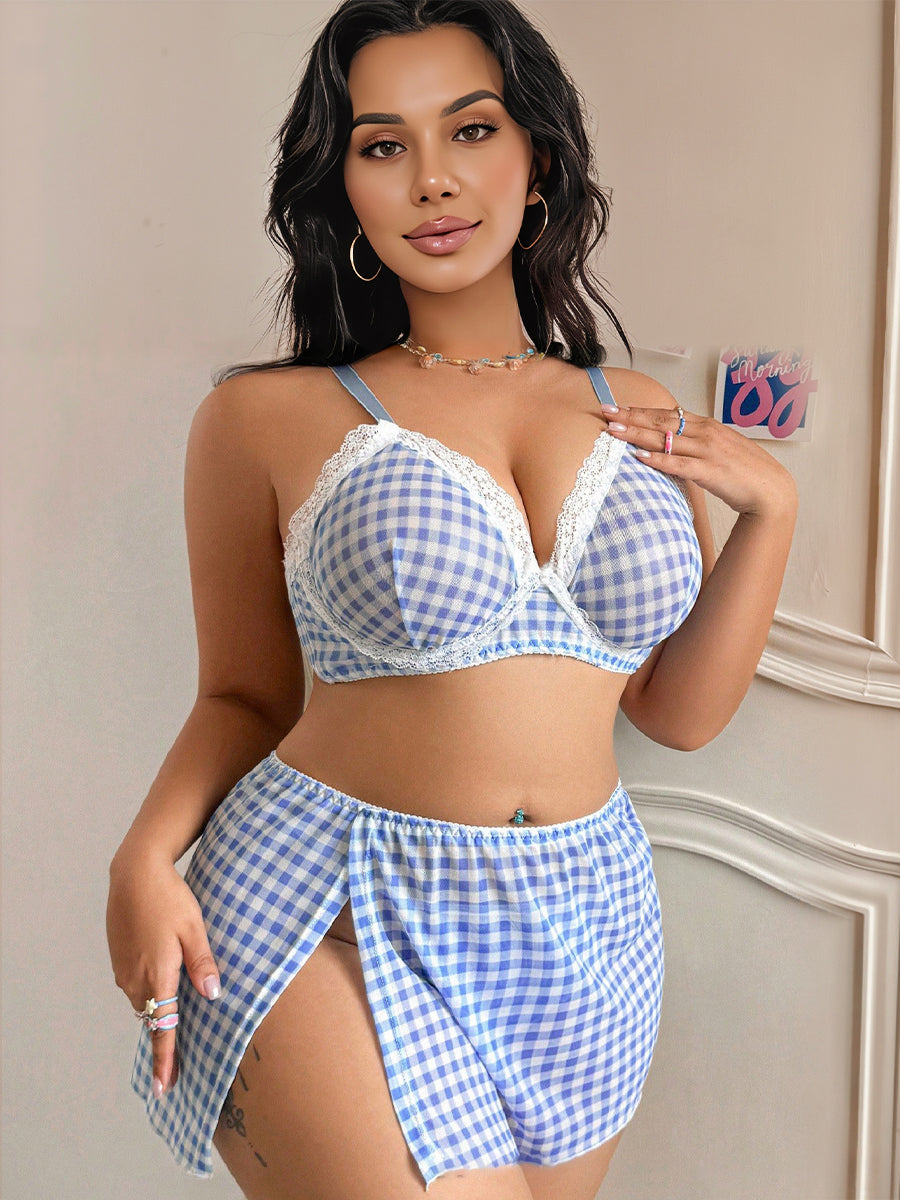 Plus Size Gingham Bra and High Slit Mini Skirt Blue Mesh Lounge Set