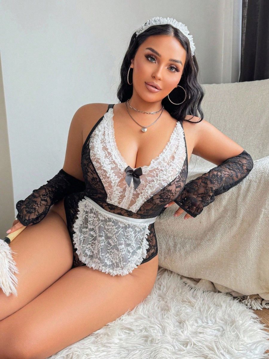 Plus Size French Maid Lingerie Bodysuit Ruffled Floral Lace Teddy with Headband