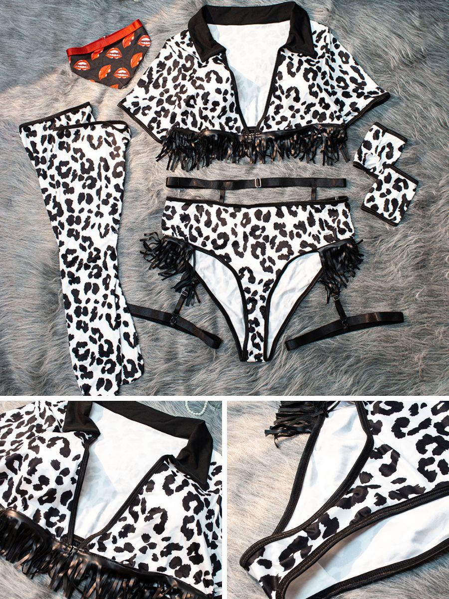 Plus Size Leopard Print Fringe Crop top and Panty with Garters Belt