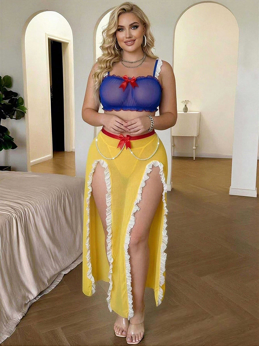 Plus Size Snow Princess Cosplay Costume Sheer Mesh Top and High Slit Skirt