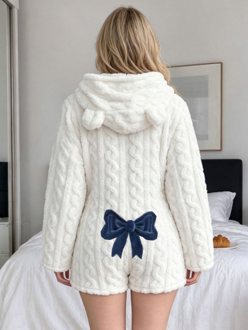 Plush Bear Hooded Romper Cable Knit Fleece Zip-Up Onesie with 3D Animal Ears