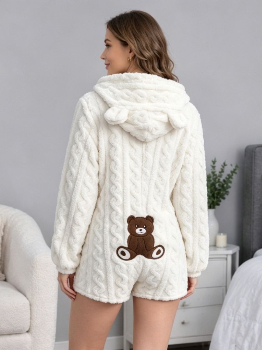 Plush Bear Hooded Romper Cable Knit Fleece Zip-Up Onesie with 3D Animal Ears
