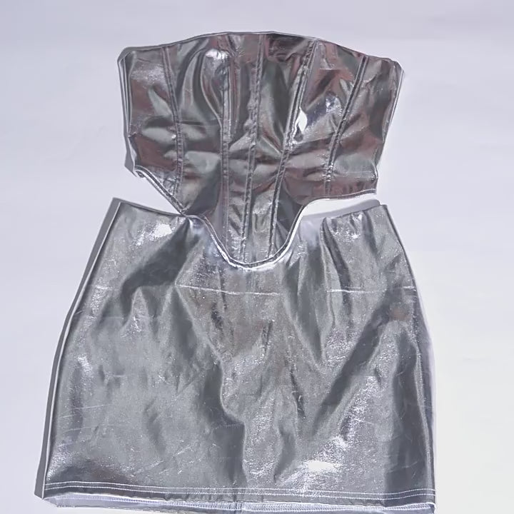Yomorio Metallic Faux Leather Skirt Set Two Piece Shiny Strapless
