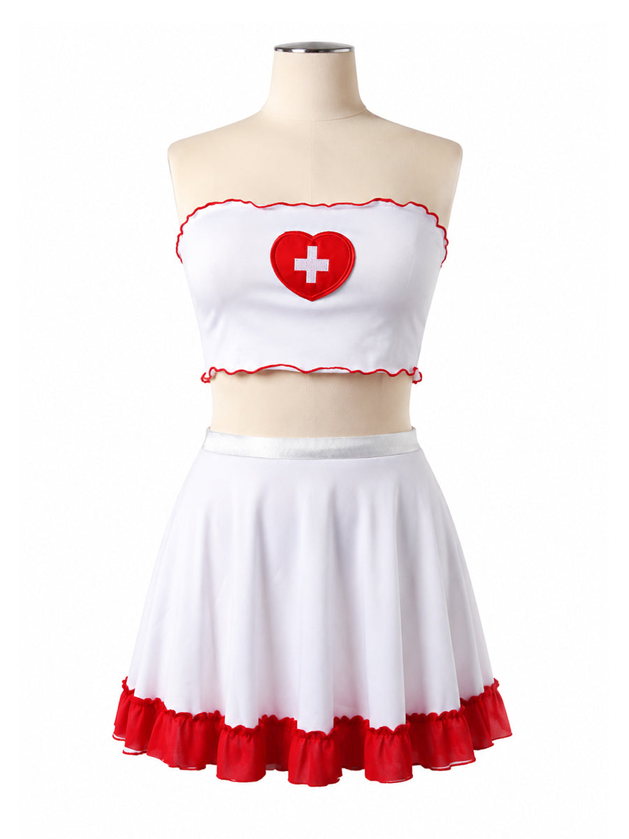 Two Piece Nurse Cosplay Costume Set White Tube Crop Top and Mini Skirt