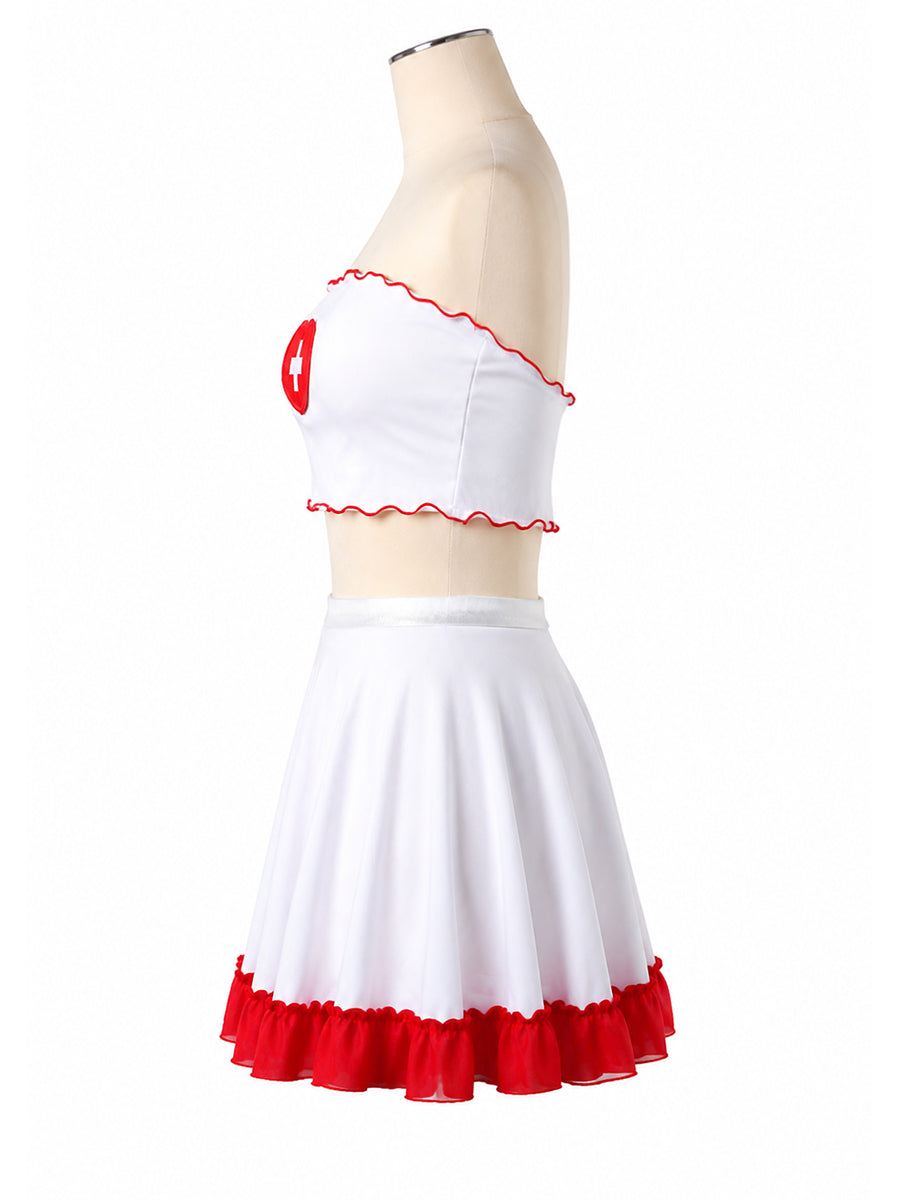 Two Piece Nurse Cosplay Costume Set White Tube Crop Top and Mini Skirt