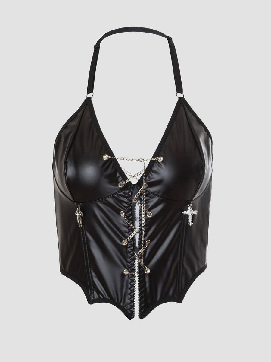 Black PU Leather Gothic Halter Top Silver Chain Lace Up Corset Top