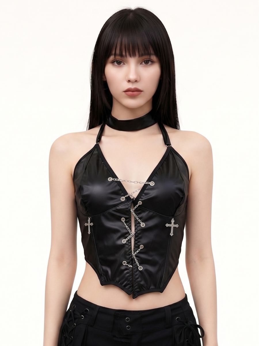 Black PU Leather Gothic Halter Top Silver Chain Lace Up Corset Top