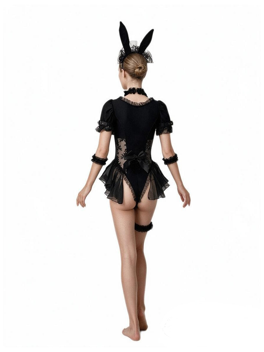Gothic Bunny Cosplay Costume Set Black Puff Sleeve Bodysuit with Bunny Ears Headband