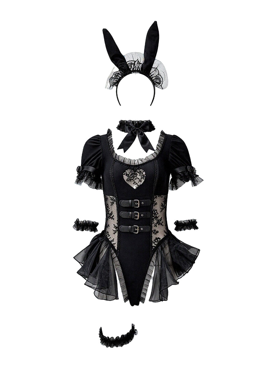 Gothic Bunny Cosplay Costume Set Black Puff Sleeve Bodysuit with Bunny Ears Headband