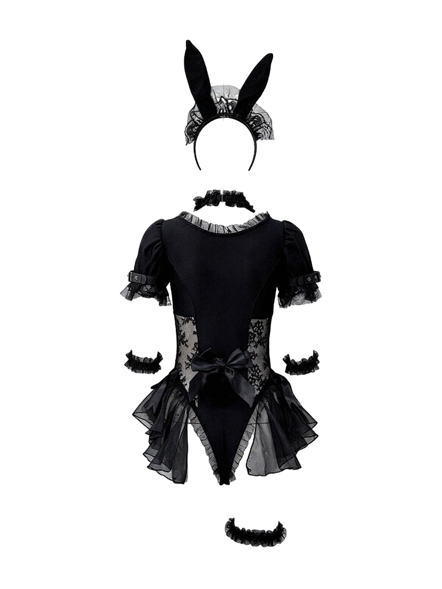 Gothic Bunny Cosplay Costume Set Black Puff Sleeve Bodysuit with Bunny Ears Headband