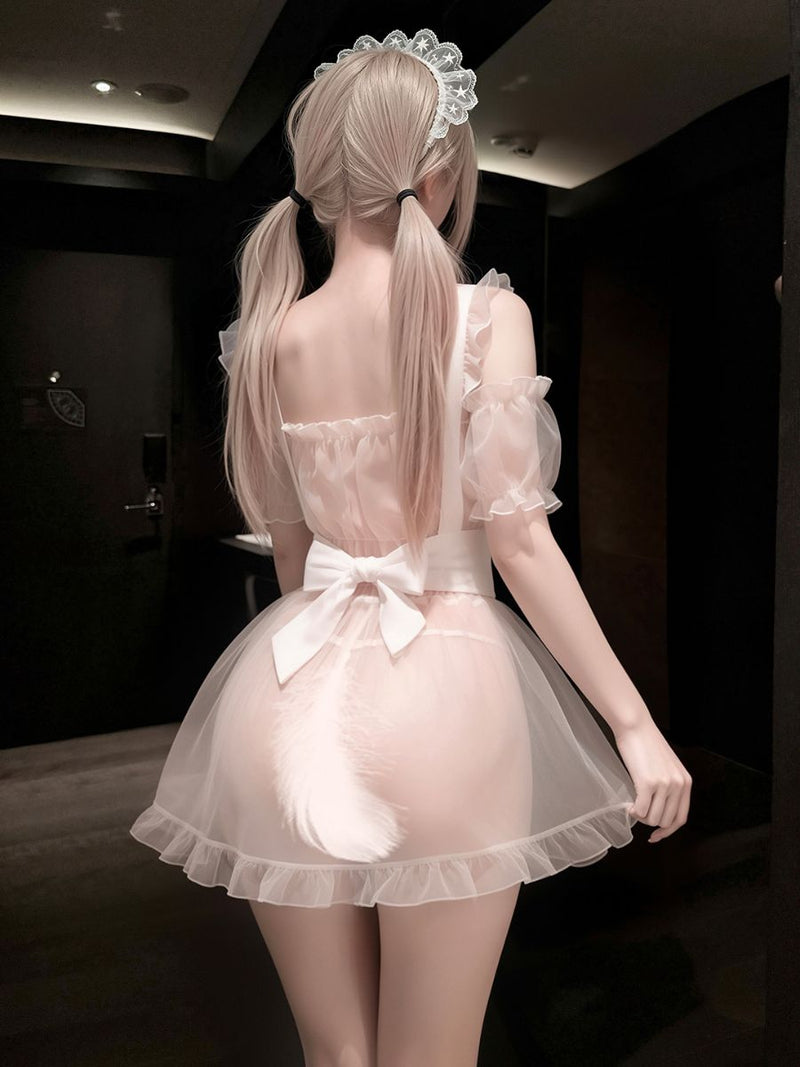 White Maid Cosplay Lingerie Set Sheer Mesh Puff Sleeve Dress with Ruffled Apron Skirt