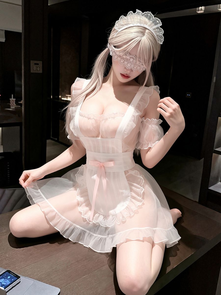 White Maid Cosplay Lingerie Set Sheer Mesh Puff Sleeve Dress with Ruffled Apron Skirt