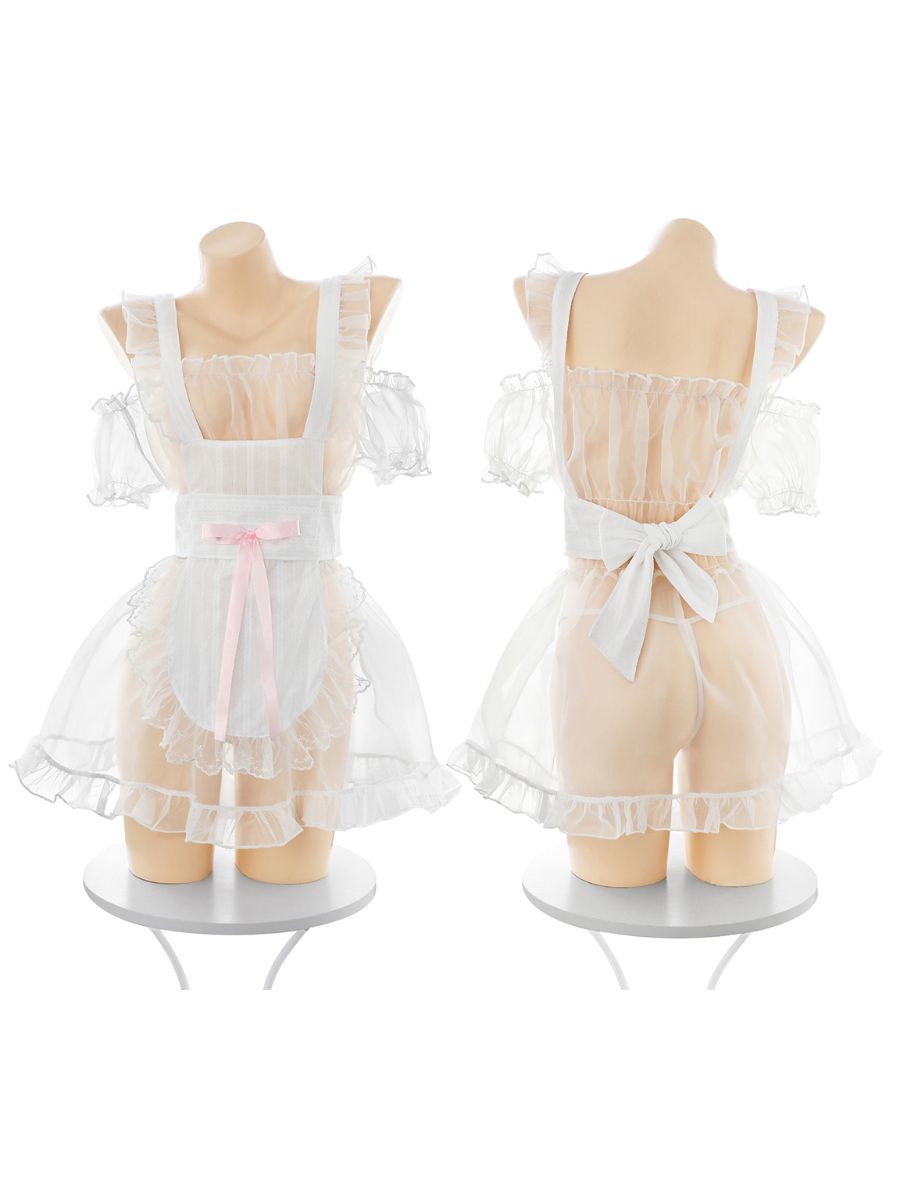 White Maid Cosplay Lingerie Set Sheer Mesh Puff Sleeve Dress with Ruffled Apron Skirt