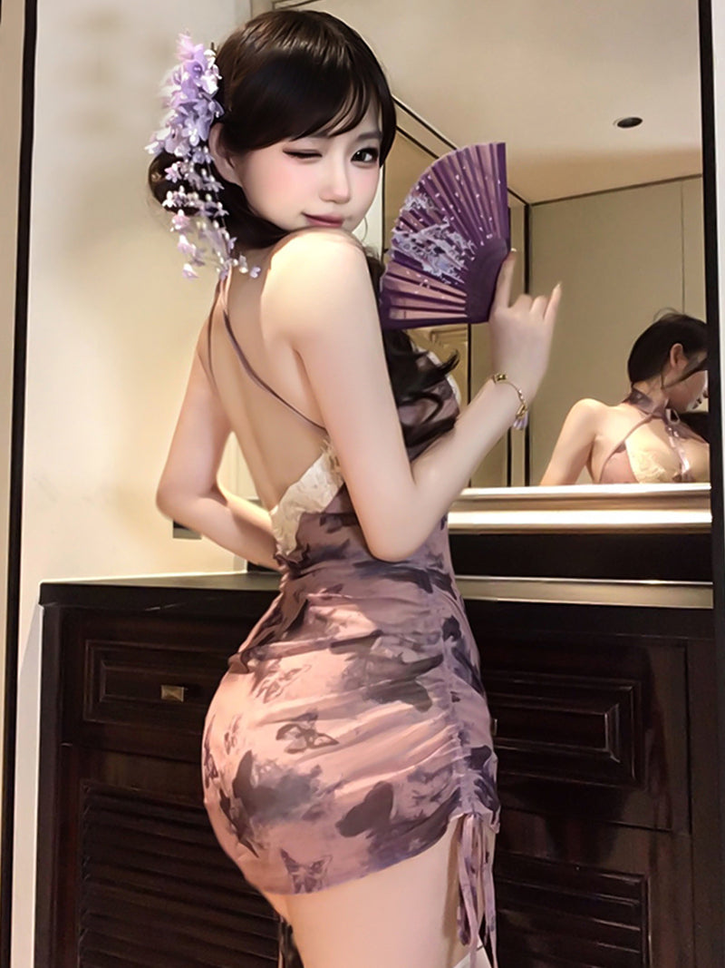 Sheer Butterfly Print Cheongsam Sexy Lace Trimmed Ruched Qipao Mini Dress