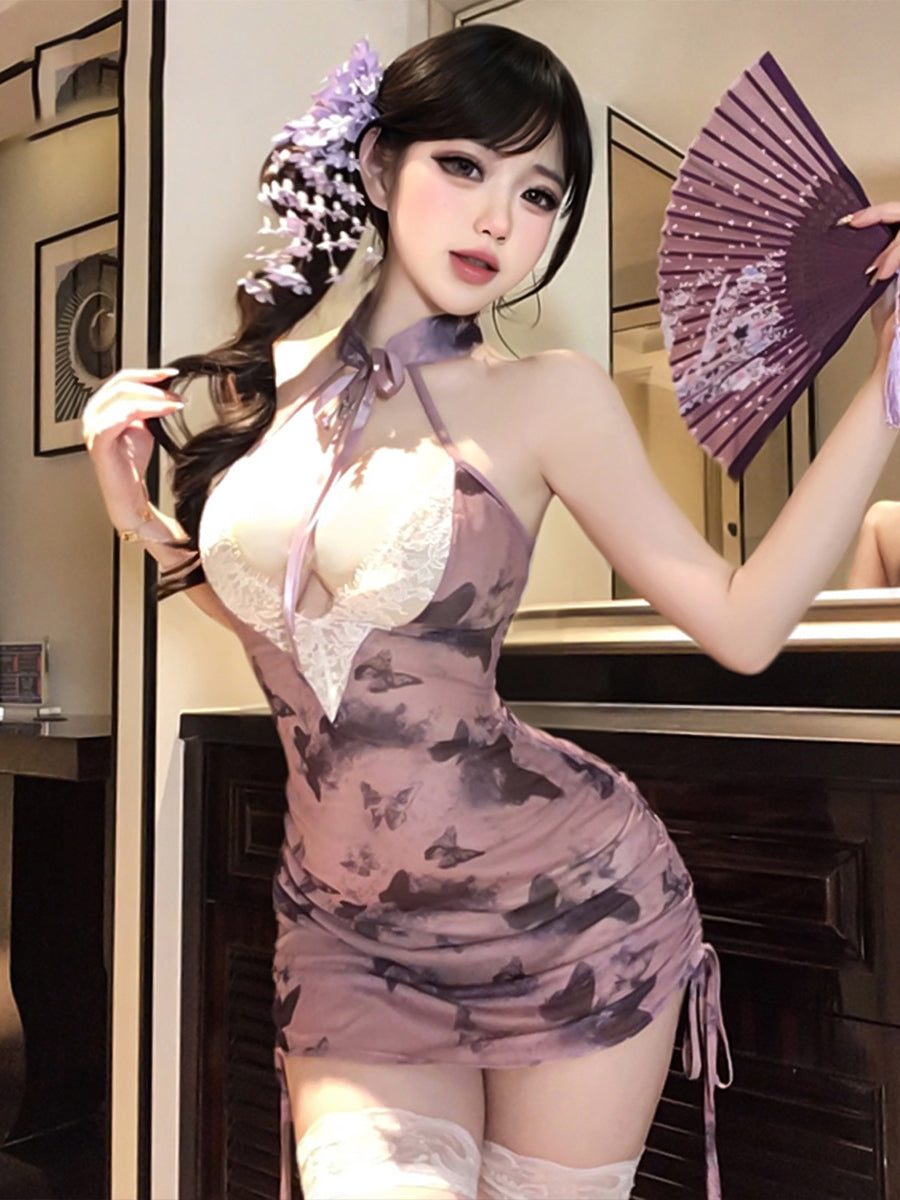 Sheer Butterfly Print Cheongsam Sexy Lace Trimmed Ruched Qipao Mini Dress
