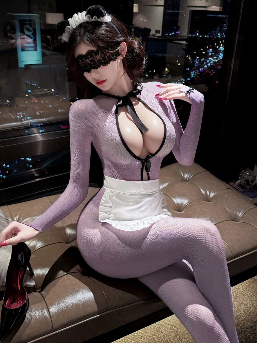 Sexy Maid Cosplay Lingerie Set Purple Floral Lace Bodystocking with Ruffled Apron