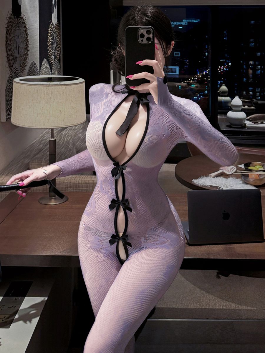 Sexy Maid Cosplay Lingerie Set Purple Floral Lace Bodystocking with Ruffled Apron