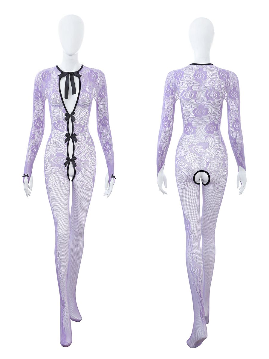 Sexy Maid Cosplay Lingerie Set Purple Floral Lace Bodystocking with Ruffled Apron