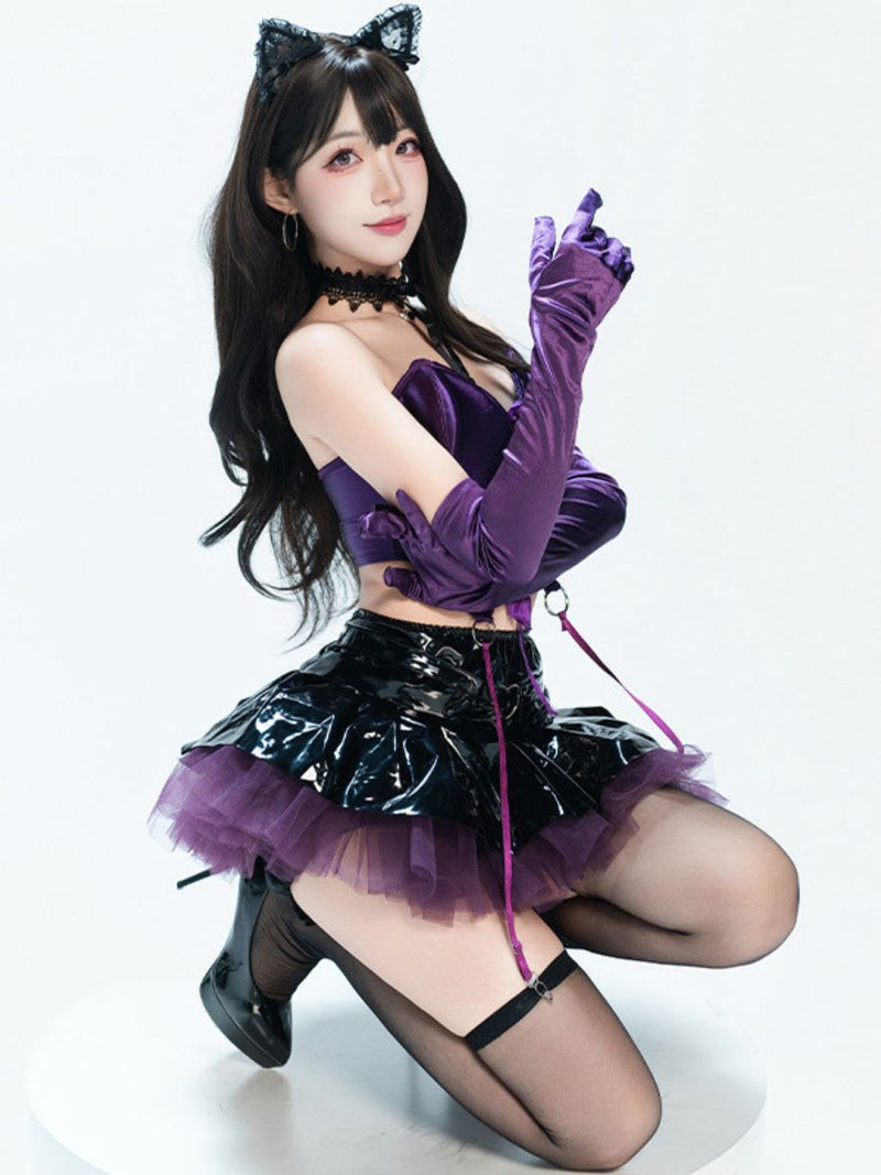 Gothic Cat Girl Cosplay Set Purple Strapless Lace Up Corset Top and Faux Leather Mini Skirt 