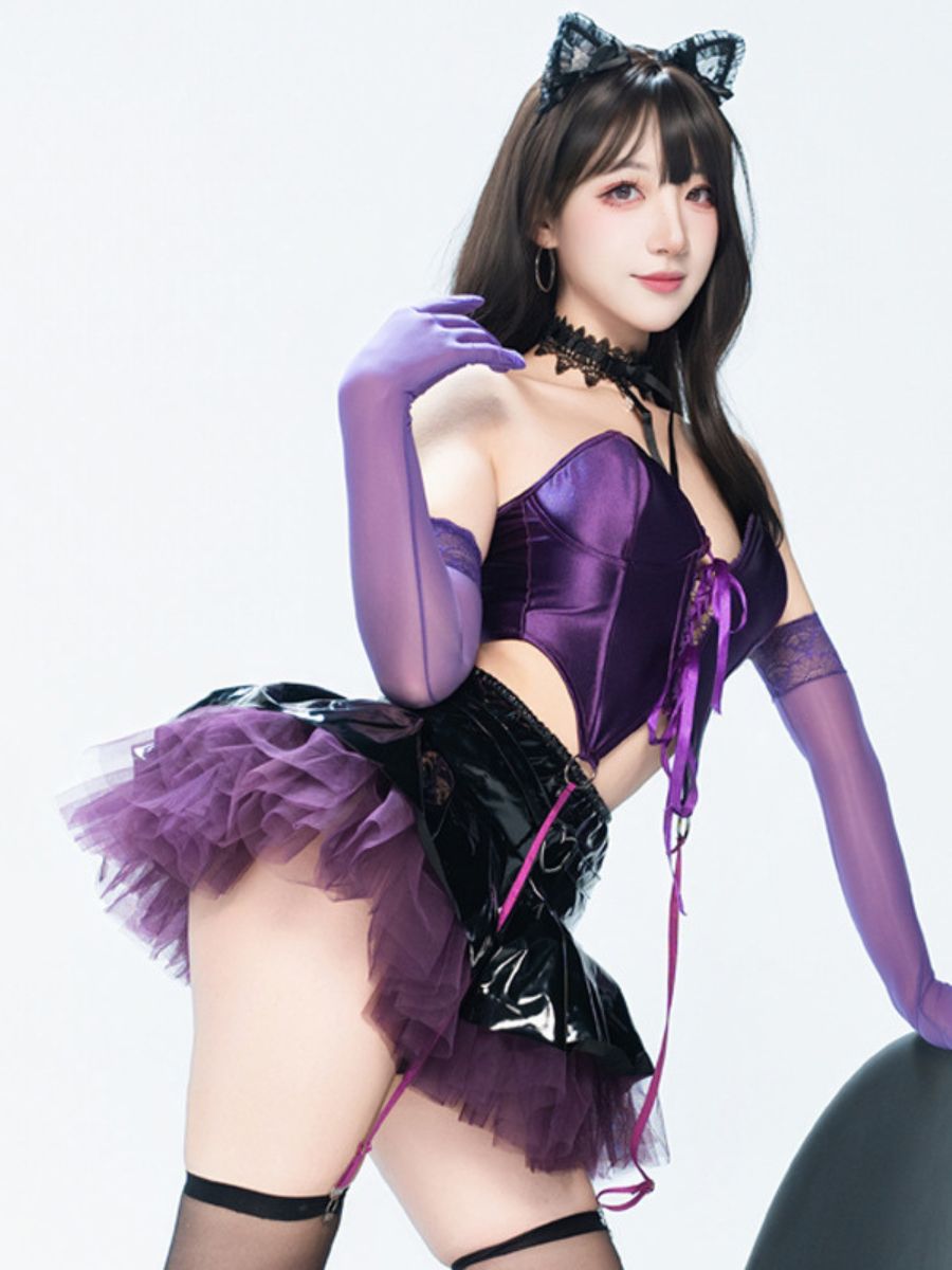 Gothic Cat Girl Cosplay Set Purple Strapless Lace Up Corset Top and Faux Leather Mini Skirt 