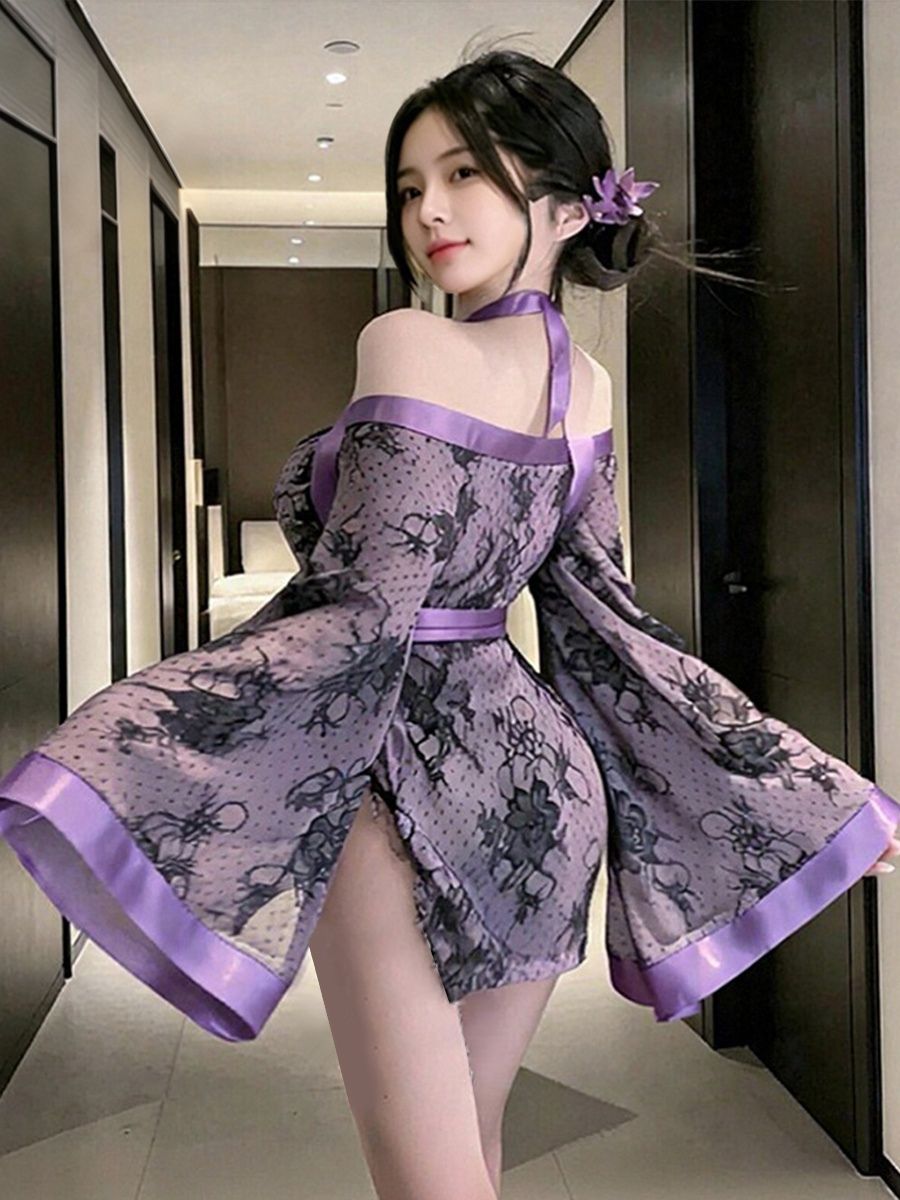 Sheer Mesh Kimono Lingerie Purple Floral Lace Robe with Belt