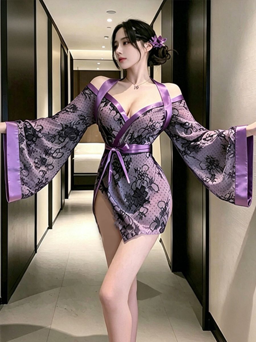 Sheer Mesh Kimono Lingerie Purple Floral Lace Robe with Belt