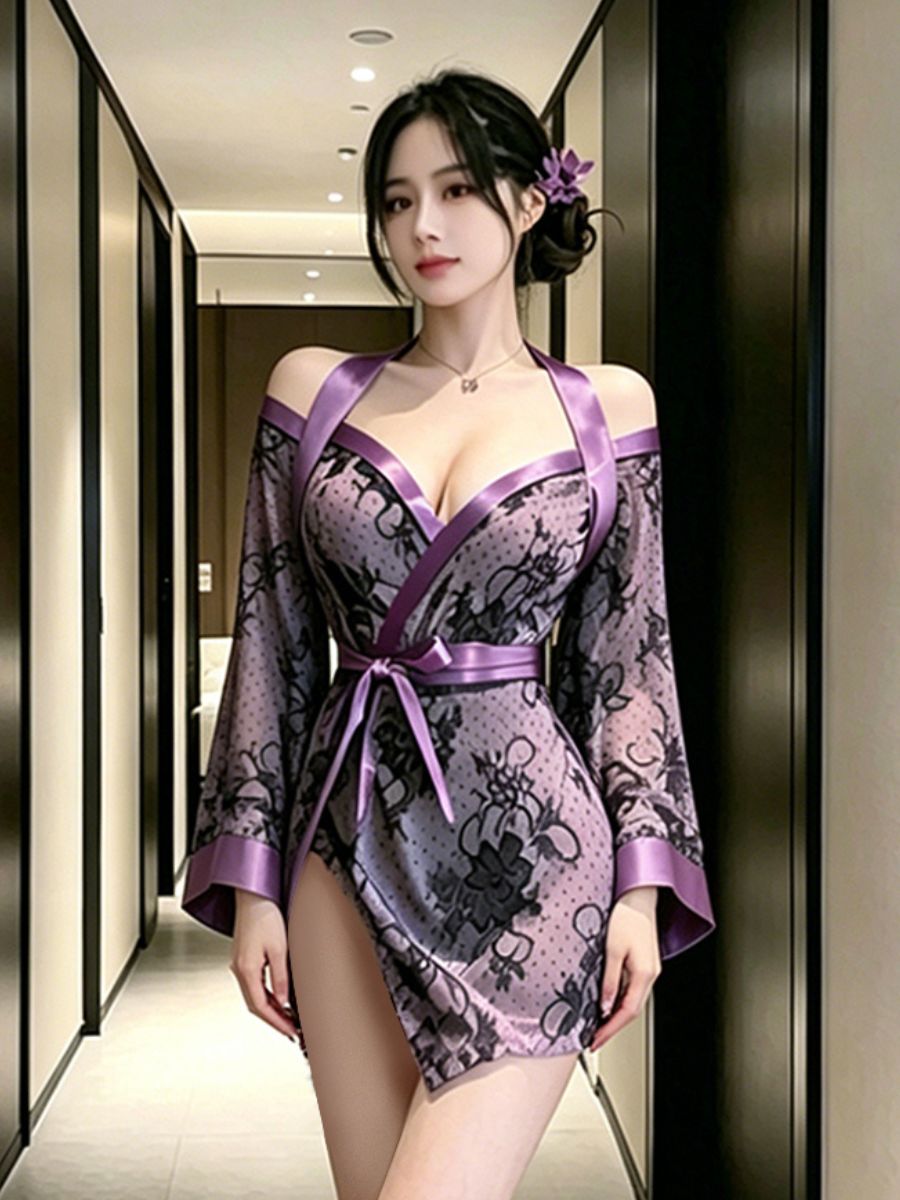 Sheer Mesh Kimono Lingerie Purple Floral Lace Robe with Belt