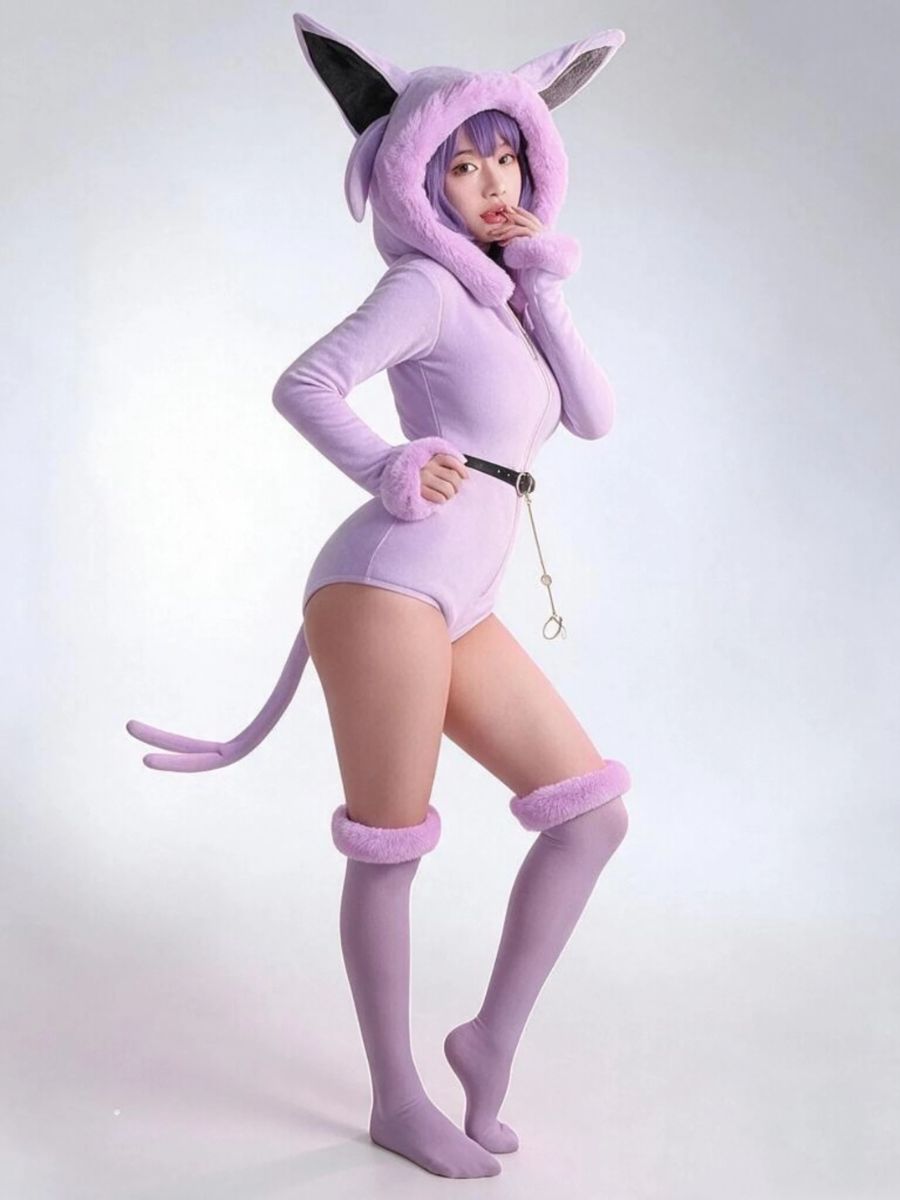 Anime Bunny Girl Cosplay Costume Set Purple Monster Hooded Plush Bodysuit 
