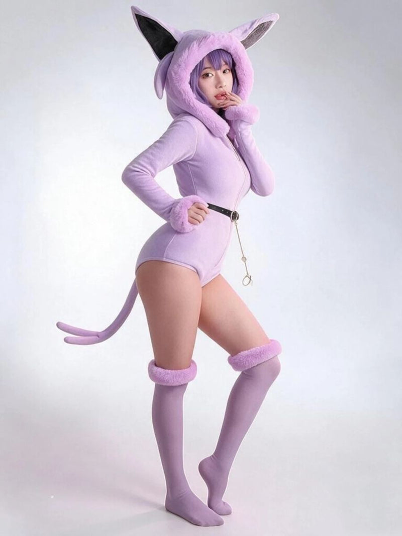 Anime Bunny Girl Cosplay Costume Set Purple Monster Hooded Plush Bodysuit 