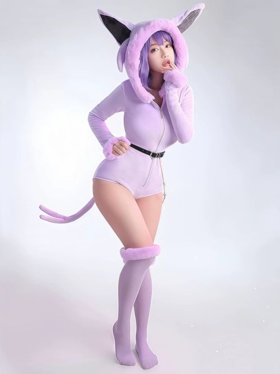 Anime Bunny Girl Cosplay Costume Set Purple Monster Hooded Plush Bodysuit 