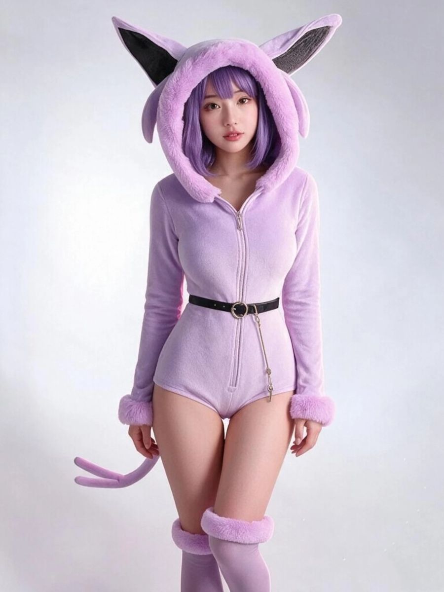 Anime Bunny Girl Cosplay Costume Set Purple Monster Hooded Plush Bodysuit 