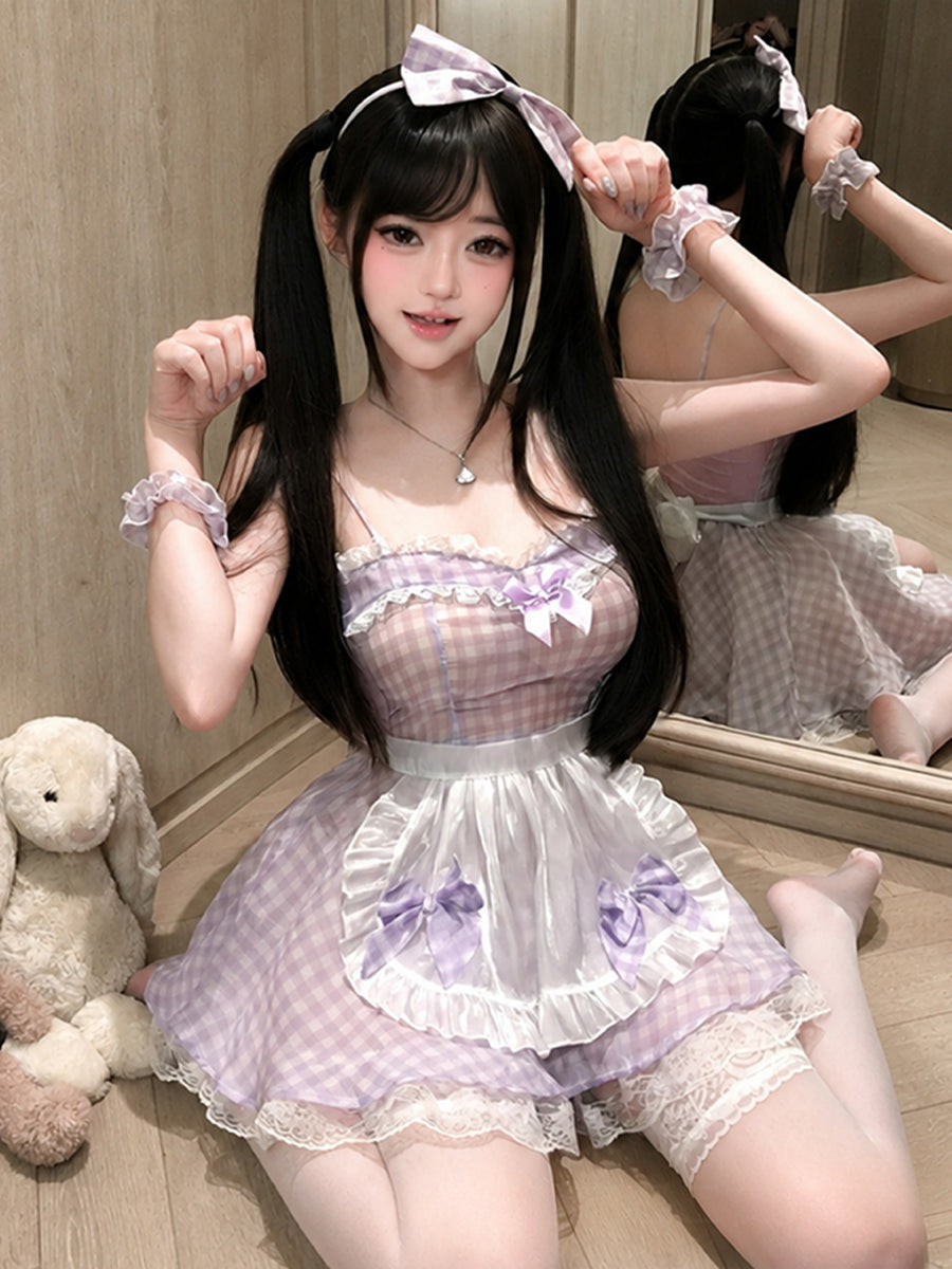 Anime Maid Costume Purple Plaid Ruffled Apron Dress with Accessories