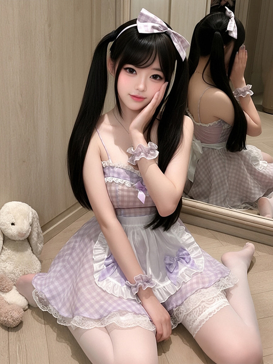 Anime Maid Costume Purple Plaid Ruffled Apron Dress with Accessories