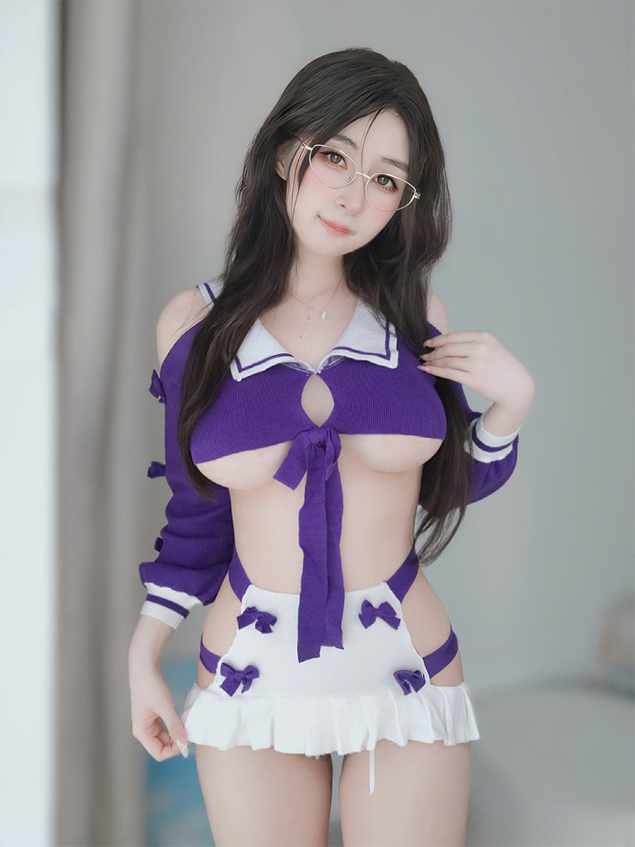 Sexy Purple Schoolgirl Costume Rib Knit Open Bust Anime Cosplay Lingerie Set