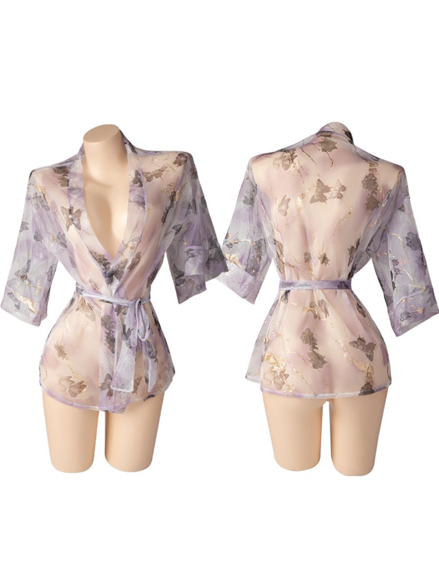 See Through Kimono Robe Sexy Mesh Butterfly Japanese Style Lingerie Dress
