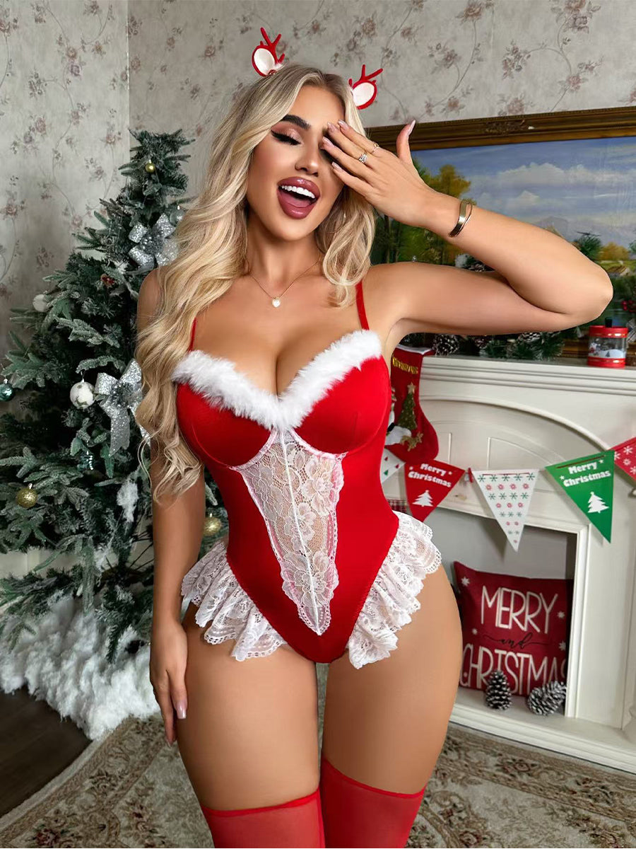 Red Christmas Velvet Lace Bodysuit Set
