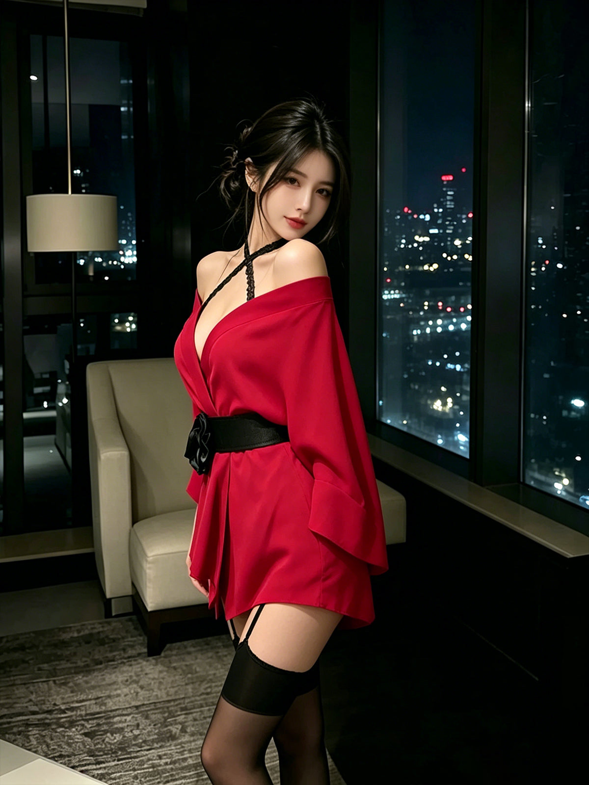 Sexy Kimono Lingerie Set Red V Neck Robe with Flower Belt Nightwear Kit