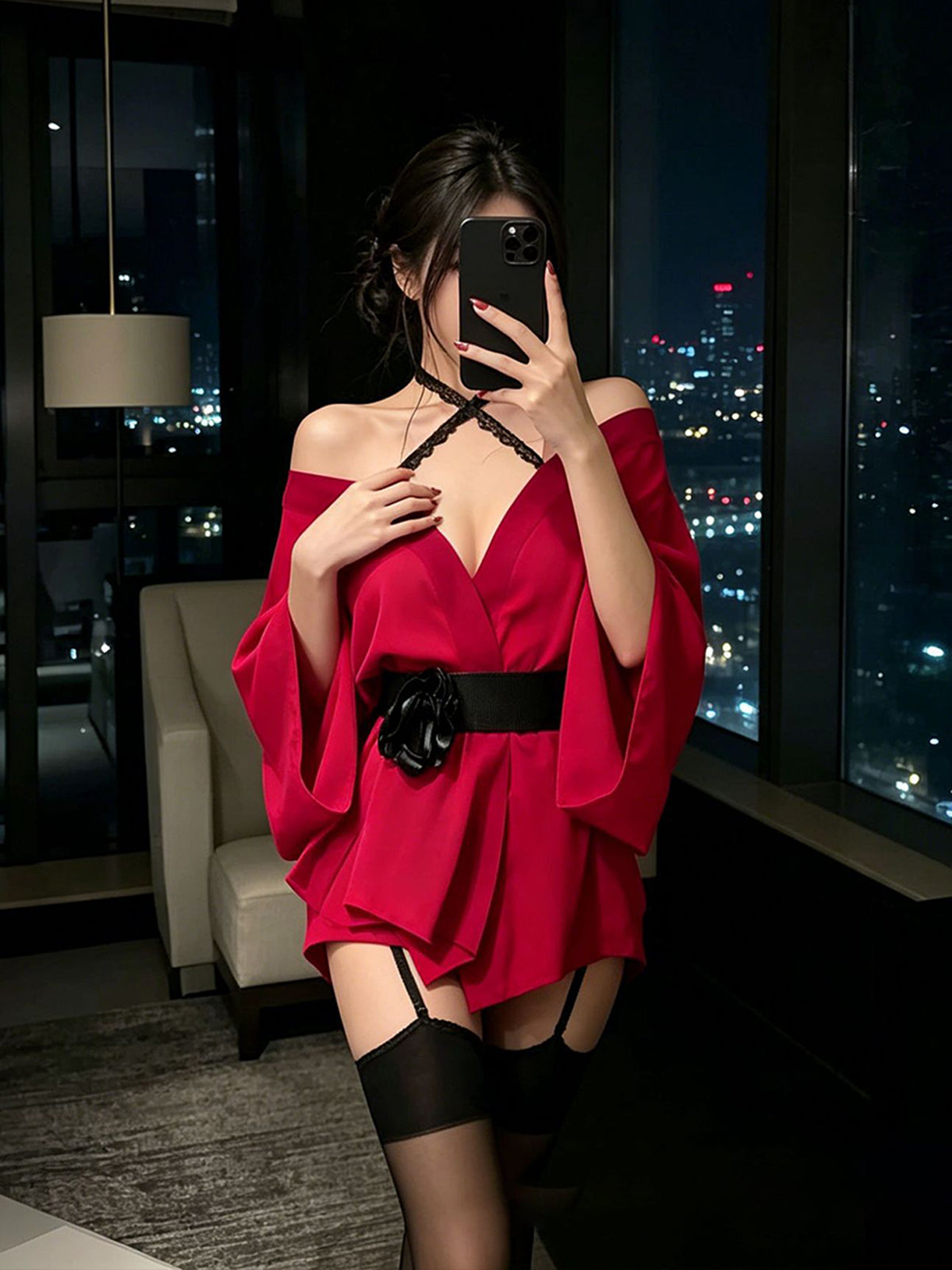 Sexy Kimono Lingerie Set Red V Neck Robe with Flower Belt Nightwear Kit