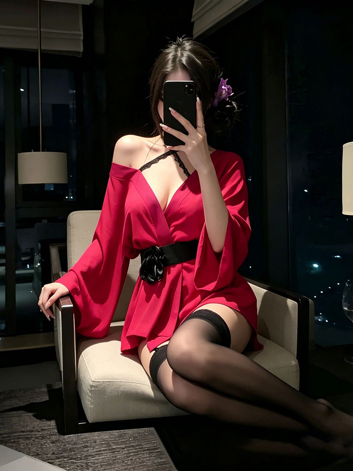 Sexy Kimono Lingerie Set Red V Neck Robe with Flower Belt Nightwear Kit