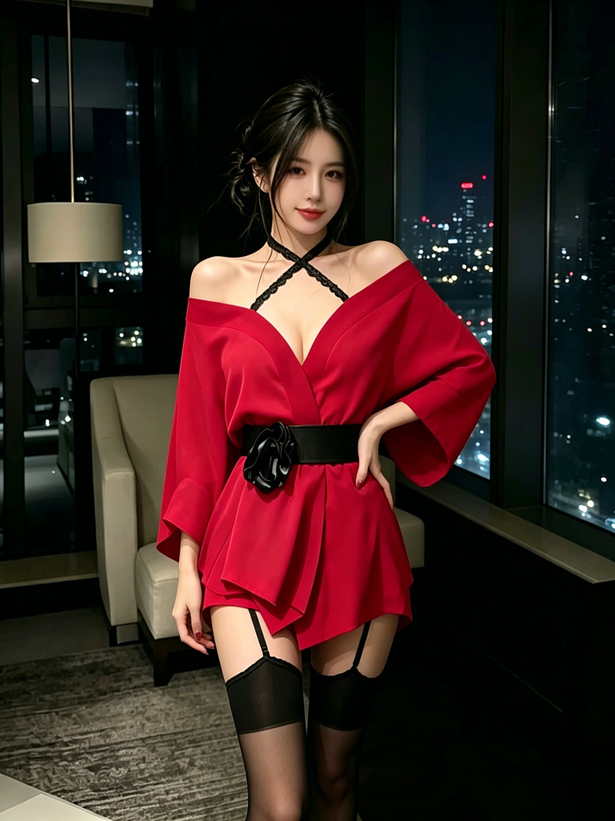 Sexy Kimono Lingerie Set Red V Neck Robe with Flower Belt Nightwear Kit