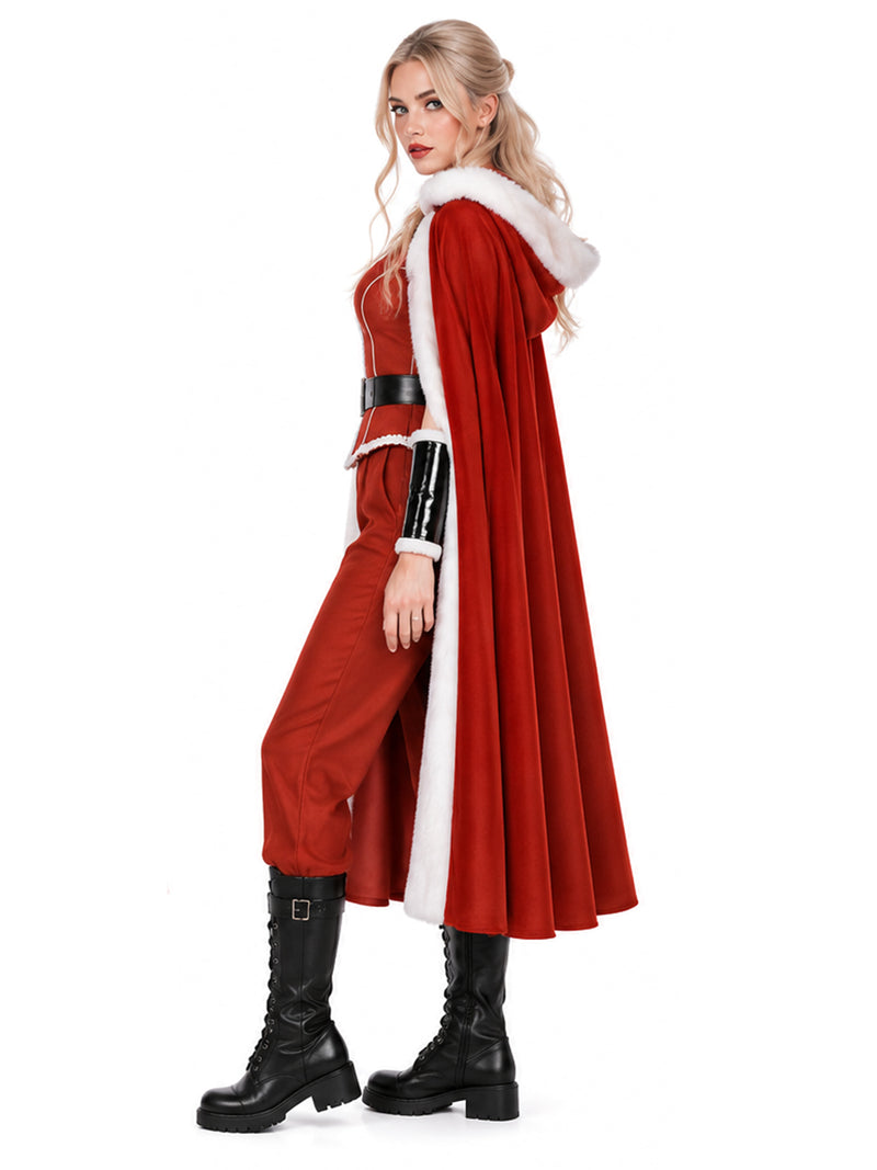 Violent Night 2 Mrs Claus Costume Christmas Plush Faux Fur Hooded Cloak and Red Zip Up Top with Pants
