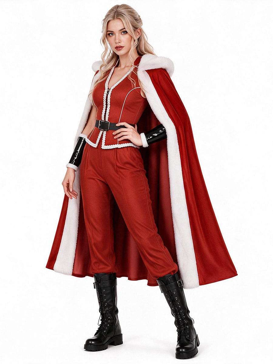 Violent Night 2 Mrs Claus Costume Christmas Plush Faux Fur Hooded Cloak and Red Zip Up Top with Pants
