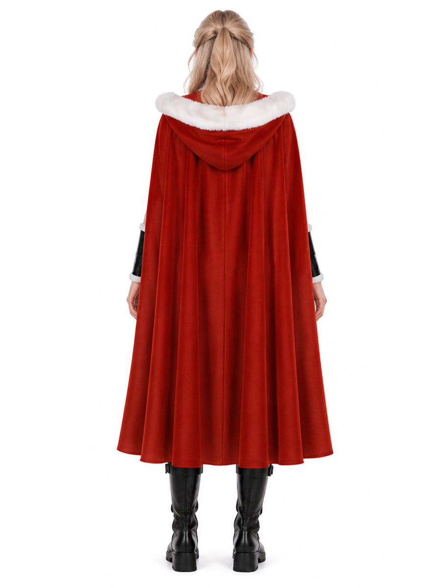 Violent Night 2 Mrs Claus Costume Christmas Plush Faux Fur Hooded Cloak and Red Zip Up Top with Pants
