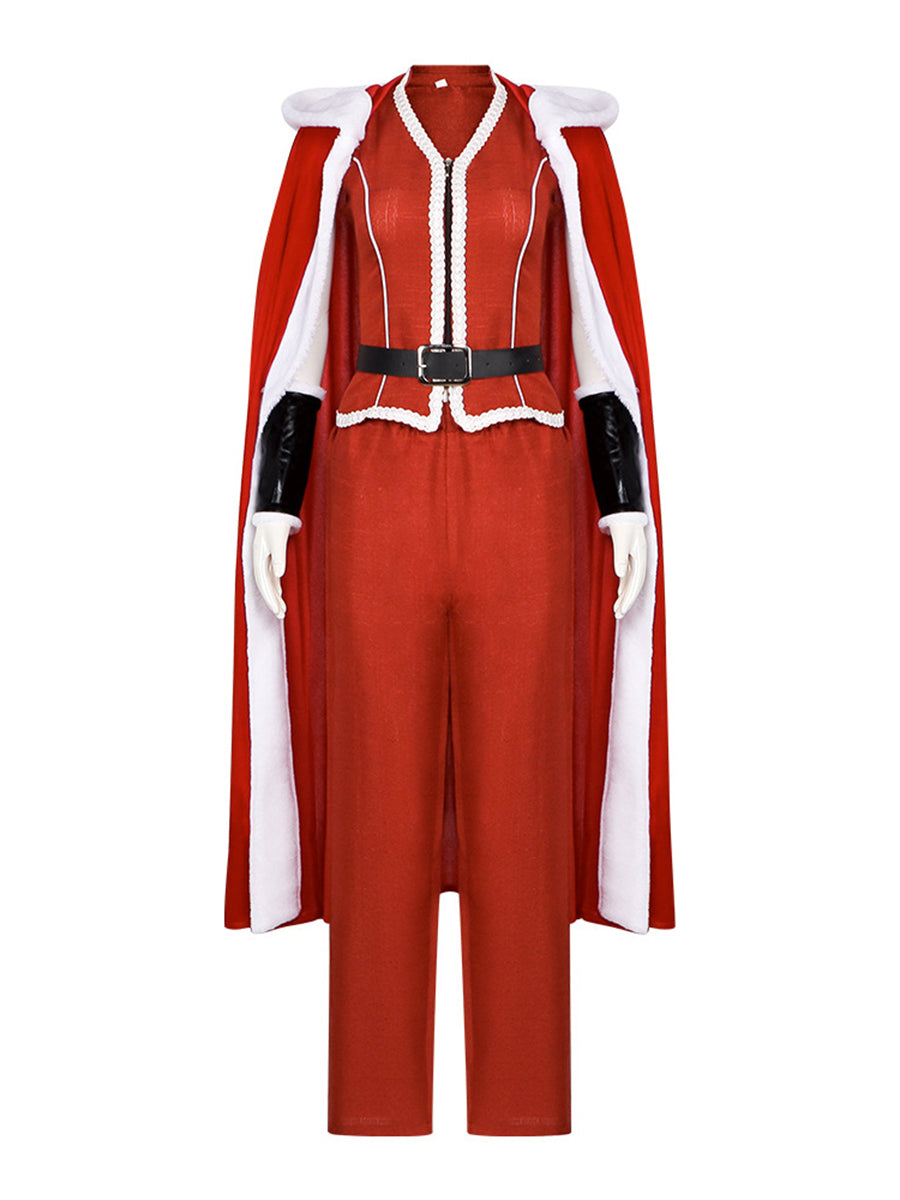 Violent Night 2 Mrs Claus Costume Christmas Plush Faux Fur Hooded Cloak and Red Zip Up Top with Pants