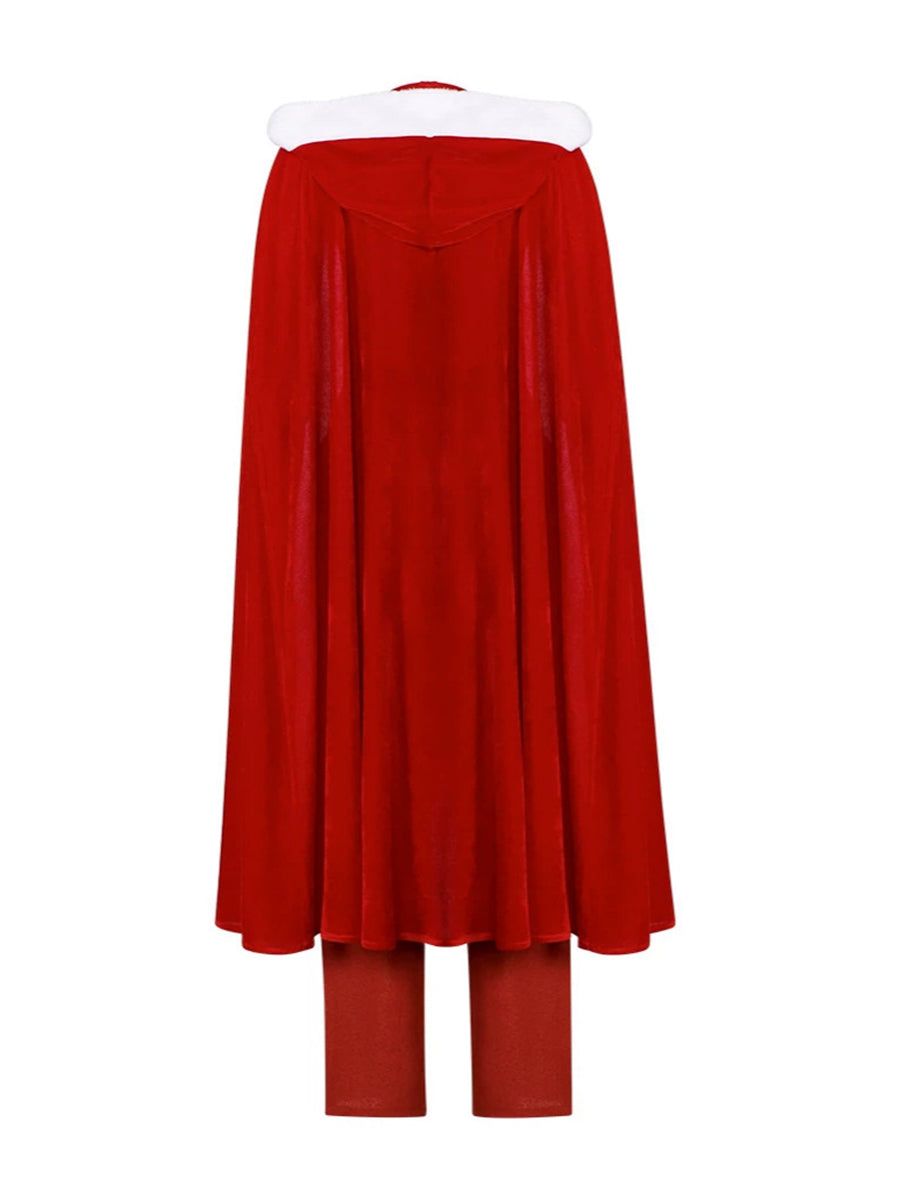 Violent Night 2 Mrs Claus Costume Christmas Plush Faux Fur Hooded Cloak and Red Zip Up Top with Pants