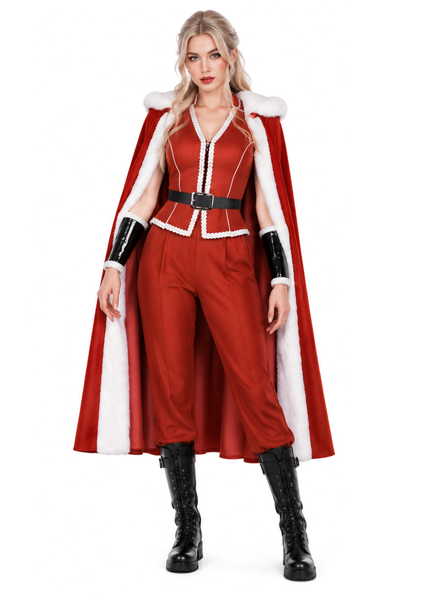 Violent Night 2 Mrs Claus Costume Christmas Plush Faux Fur Hooded Cloak and Red Zip Up Top with Pants