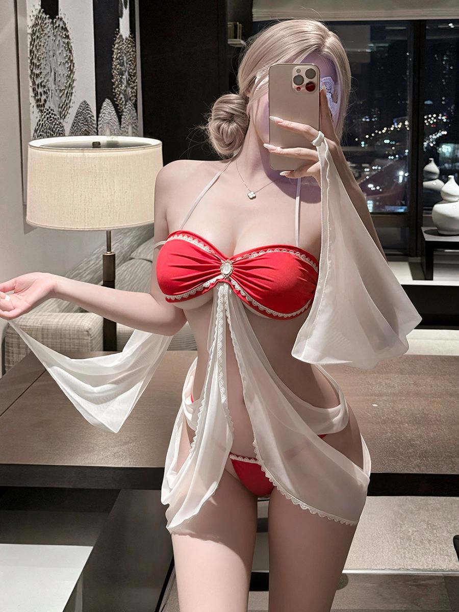 Exotic Cosplay Lingerie Set Red Sheer Chiffon Drape Lingerie Babydoll Set