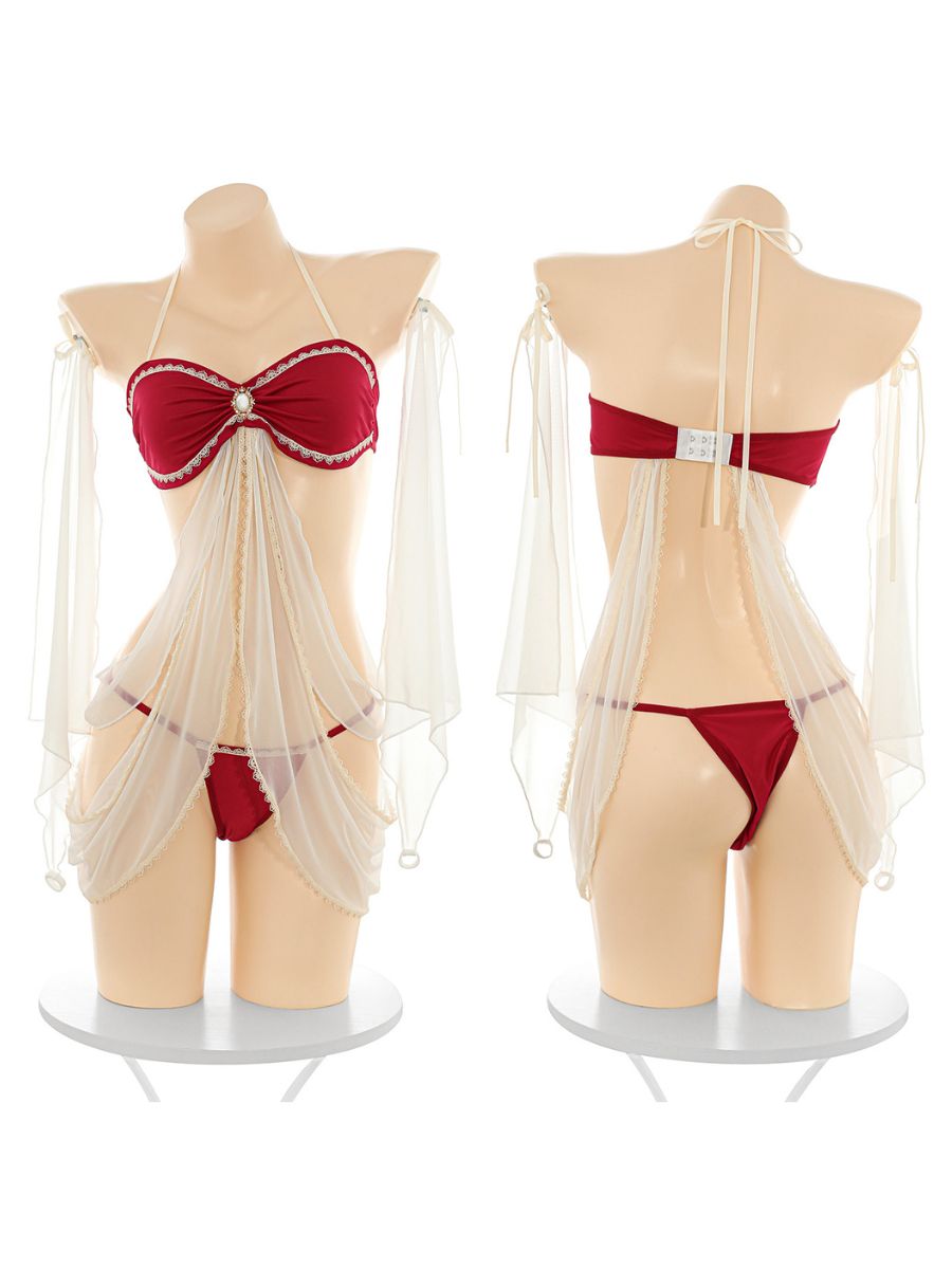 Exotic Cosplay Lingerie Set Red Sheer Chiffon Drape Lingerie Babydoll Set