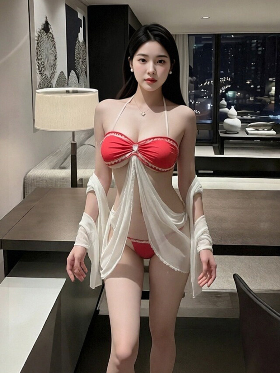Exotic Cosplay Lingerie Set Red Sheer Chiffon Drape Lingerie Babydoll Set