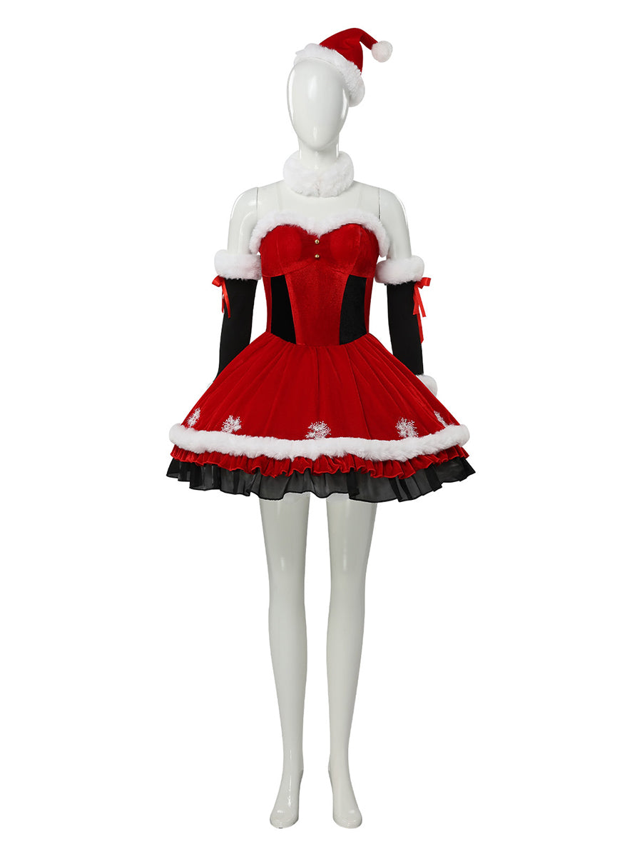 Christmas Mrs Claus Costume Set Red Velvet Corset Mini Dress Santa Hat